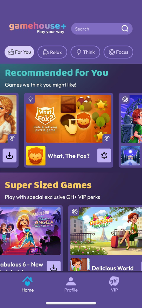 Home screen of the gamehouse plus app with recommended puzzle and time management games
