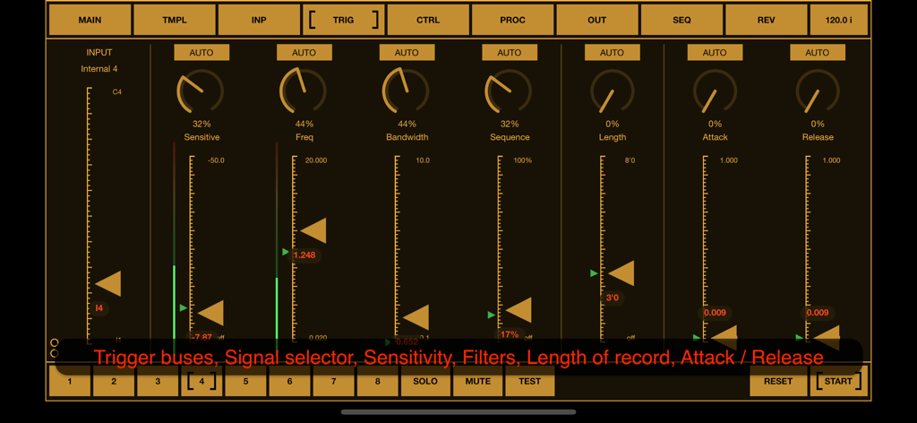 BeatCutter - La pantalla de configuración de triggers de la aplicación BeatCutter que muestra parámetros de control de audio como sensibilidad y frecuencia en una interfaz naranja industrial.