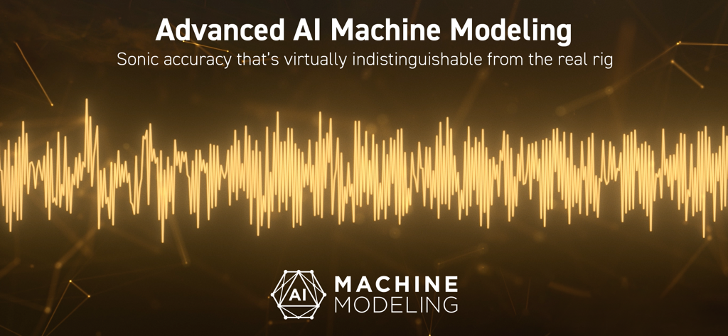 AmpliTube TONEXの高度なAI Machine Modelingバナー。金色のサウンドウェーブグラフィックが音響精度を表現