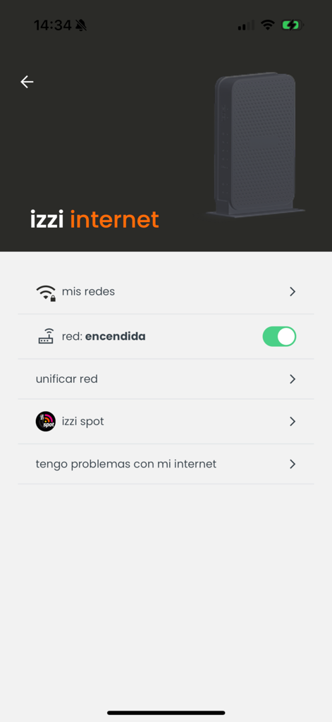 Bildschirm der izzi-App zur Verwaltung von Interneteinstellungen und Netzwerkstatus