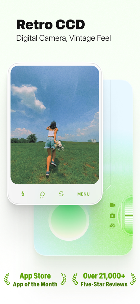 Interfaz de la aplicación LoFi Cam con un efecto de cámara digital retro y una foto estética vintage de una chica en un campo