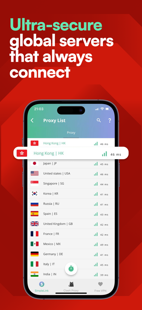 SimpleLink VPN - SimpleLink VPN app screenshot showing a list of global proxy servers with flags and latency indicators