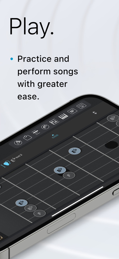 Songs - The App For Musicians - Smartphone-Bildschirm zeigt ein virtuelles Gitarrengriffbrett mit Akkordmarkierungen zum Üben von Musik.