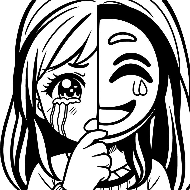 a girl where you can see half her face and is crying and on the other side of her face she is holding a mask with a smile