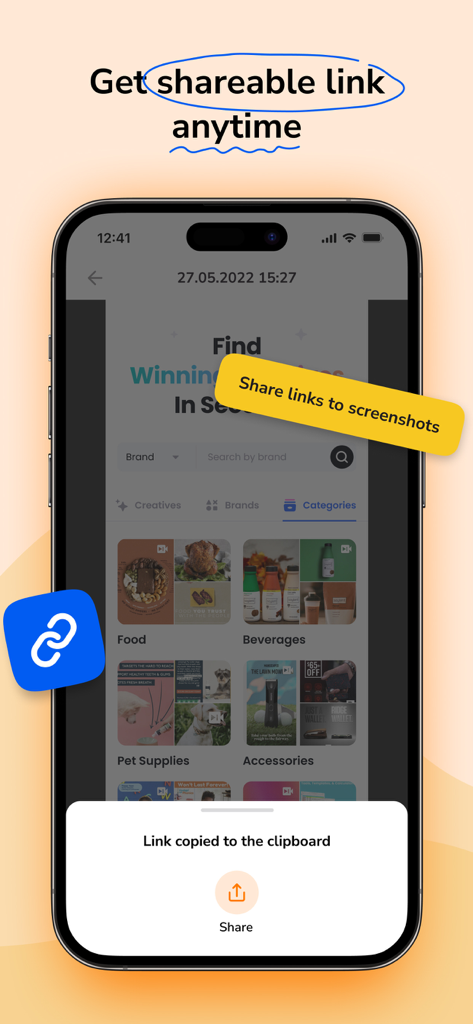 Smartphone screen showing Screenia app with a link copied to clipboard notification