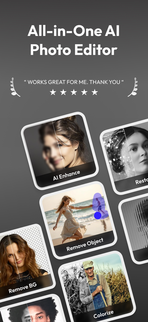 PixelUp: AI Photo Enhancer - A collage showing PixelUp app features like AI Enhance, Remove Object, Remove BG, and Colorize with a five star user review.