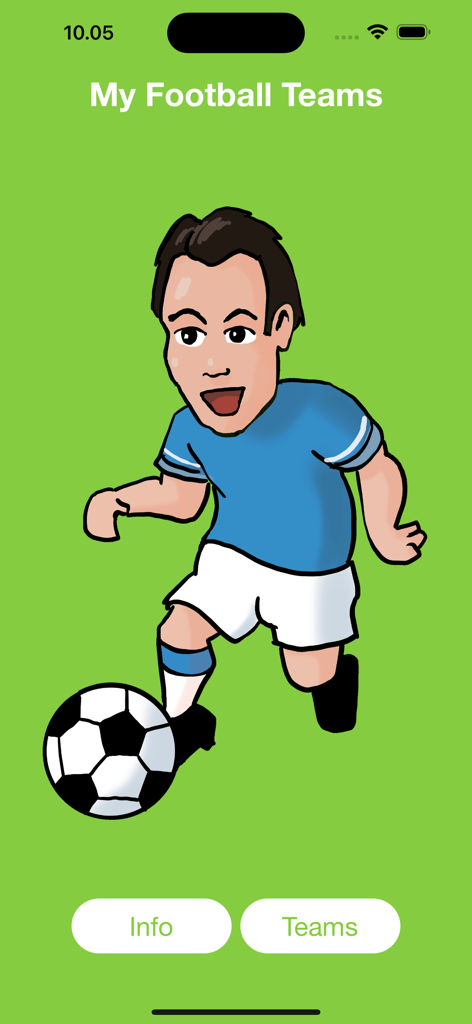 My Football Teams app home screen featuring a cartoon soccer player
