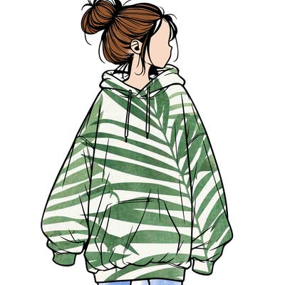realistic girl with a oversized sweatshirt on and a bun