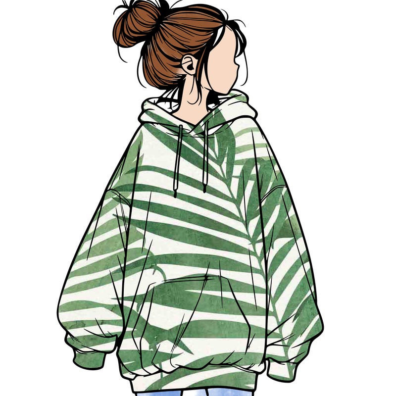 realistic girl with a oversized sweatshirt on and a bun