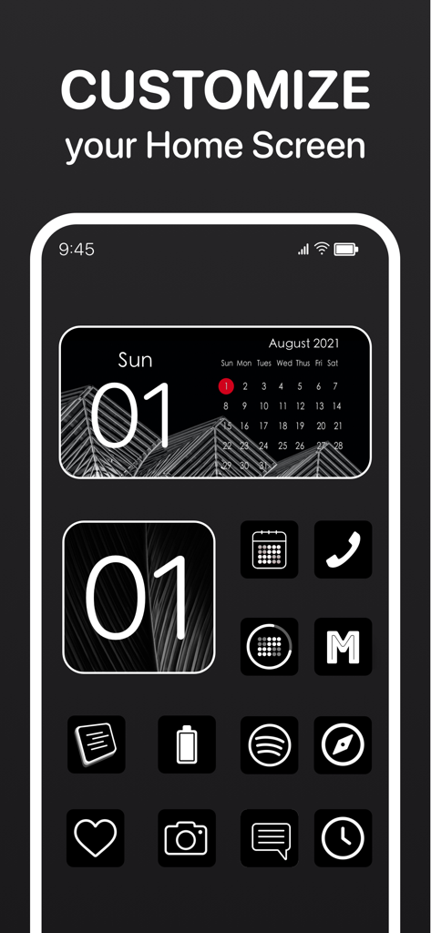 Calendar Widget - Date Widgets - A minimalist black and white aesthetic iOS home screen featuring a custom calendar widget and matching app icons.