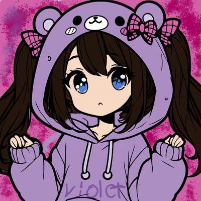 cute anime girl with ponytails and a cute bear hoodie