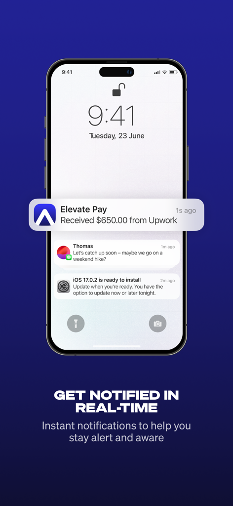 Elevate Pay: USD Banking - Elevate Pay app notification on an iPhone lock screen showing a payment received from Upwork