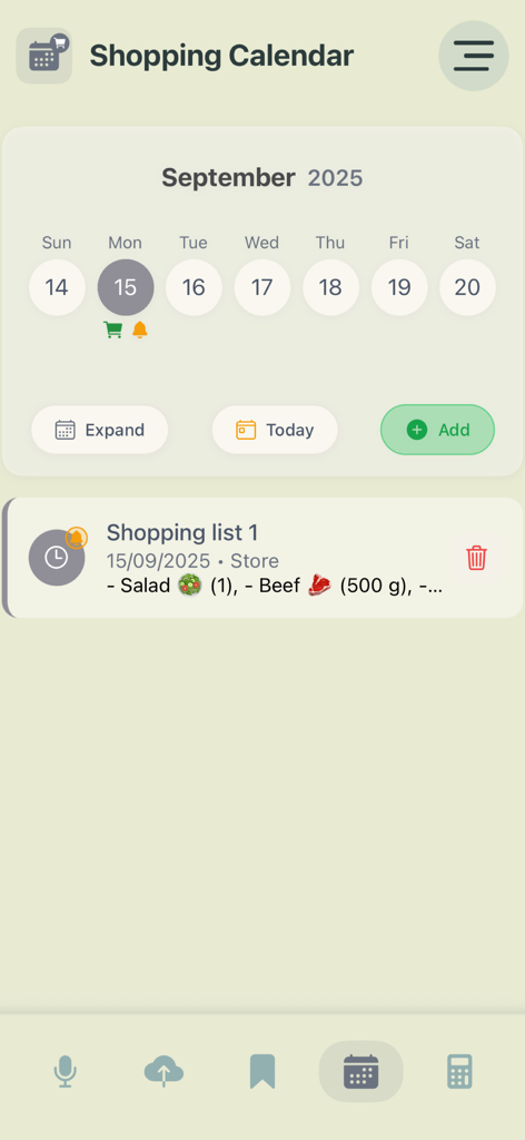 Voice Shopping list - Shopping calendar screen in the Voice Shopping list app showing scheduled grocery trips