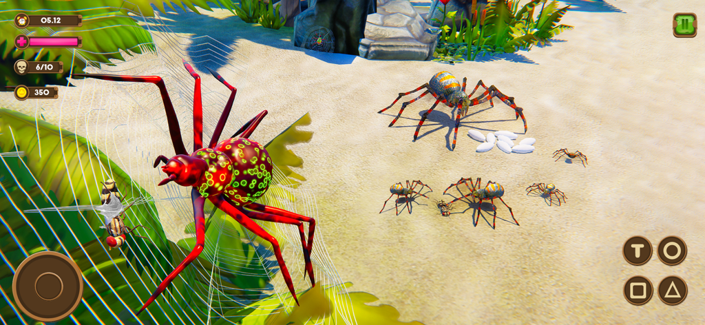 Wild Spider - Insect Simulator - Uma aranha vermelha em uma teia com outras aranhas e ovos em um ambiente de praia 3D.