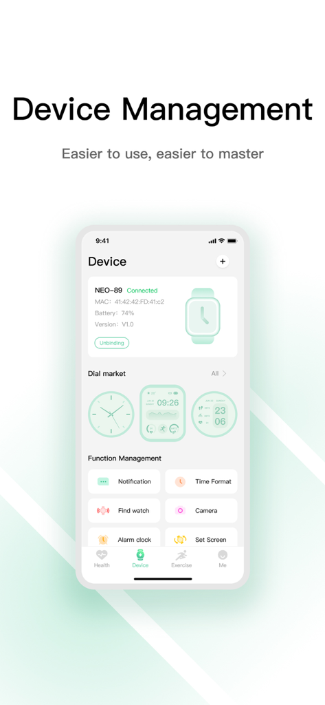 Mgc Fit app screen showing smartwatch device settings and watch face gallery