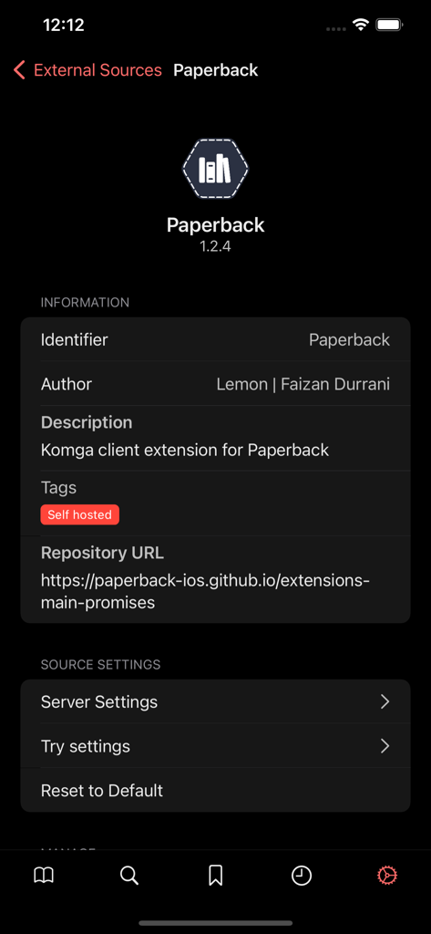 Paperback - Comic/Manga Reader - Paperback app screen displaying information for a self hosted Komga client extension including repository URL and server settings