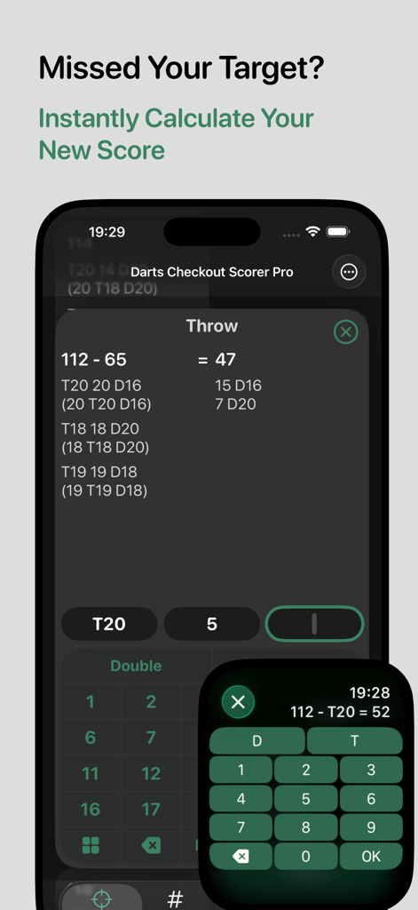 Darts Checkout Scorer Pro App auf iPhone und Apple Watch, die Live-Score-Updates und Checkout-Vorschläge anzeigt