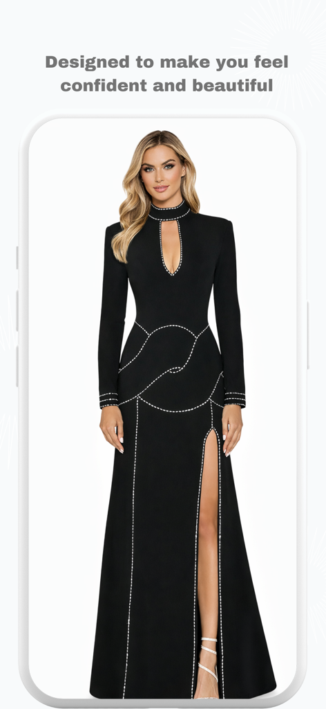 Una mujer luciendo un elegante vestido largo negro con abertura alta y costuras blancas únicas
