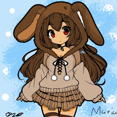 pretty anime girl wearing a fluffy hoodie with bunny ears on the hood and a skirt