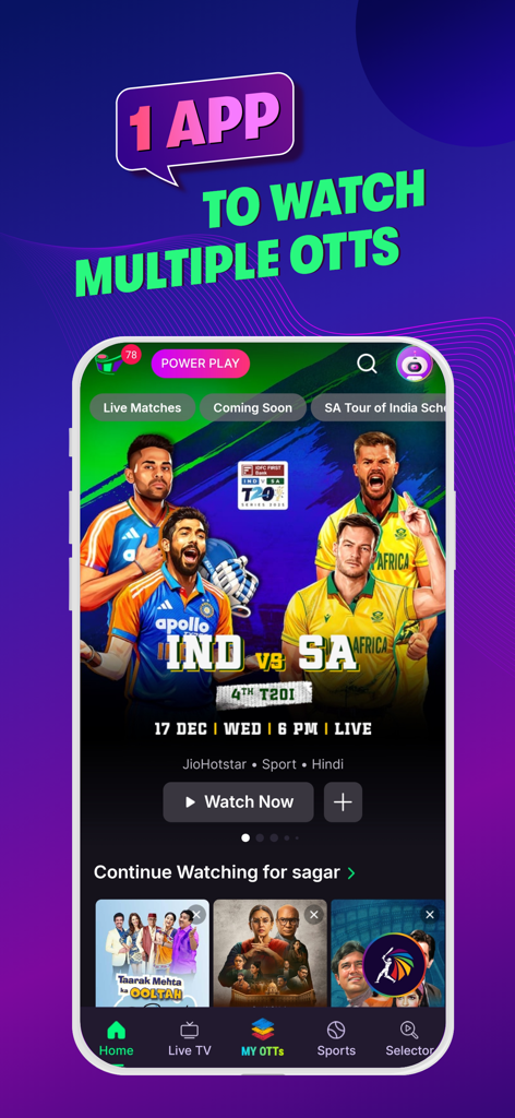 OTTplay - OTTplay app interface showing a live cricket match between India and South Africa with the headline 1 app to watch multiple OTTs