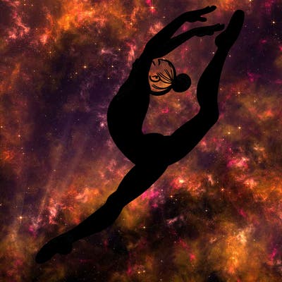 gymnast doing a leap in a leotard with a bent back leg