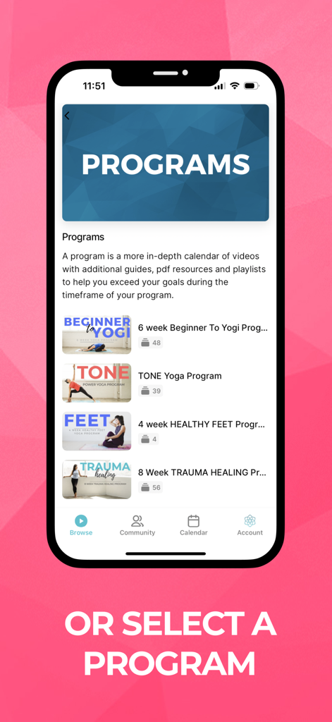 SarahBethYoga - SarahBethYoga app interface showing structured yoga programs including Beginner to Yogi and TONE Yoga