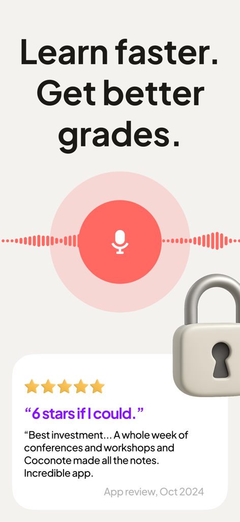 Coconote AI note taker app screenshot with a five star user review and the slogan Learn faster Get better grades