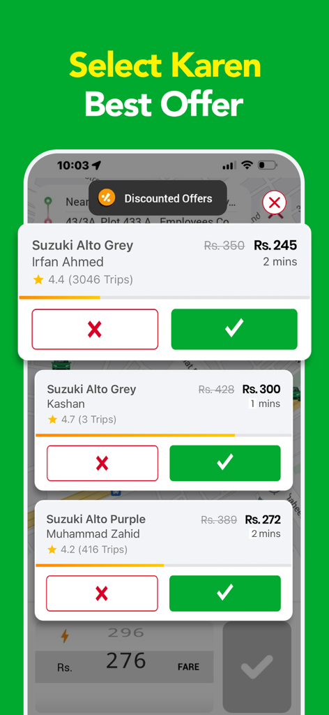 Bykea: Rides & Delivery App - Bykea app interface showing a list of discounted ride offers from various drivers with vehicle details and prices in Rupees