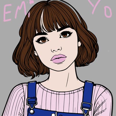 realistic woman with short hair and bangs with an overall outfit