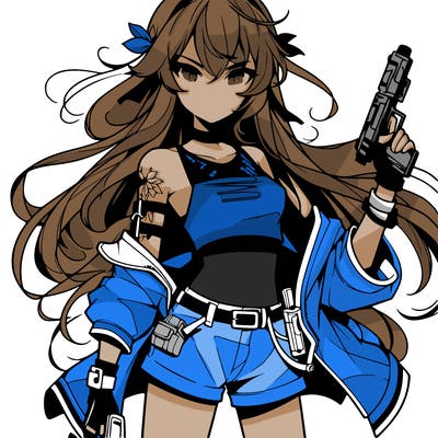 bad girl wearing crop top holding a gun long hair anime