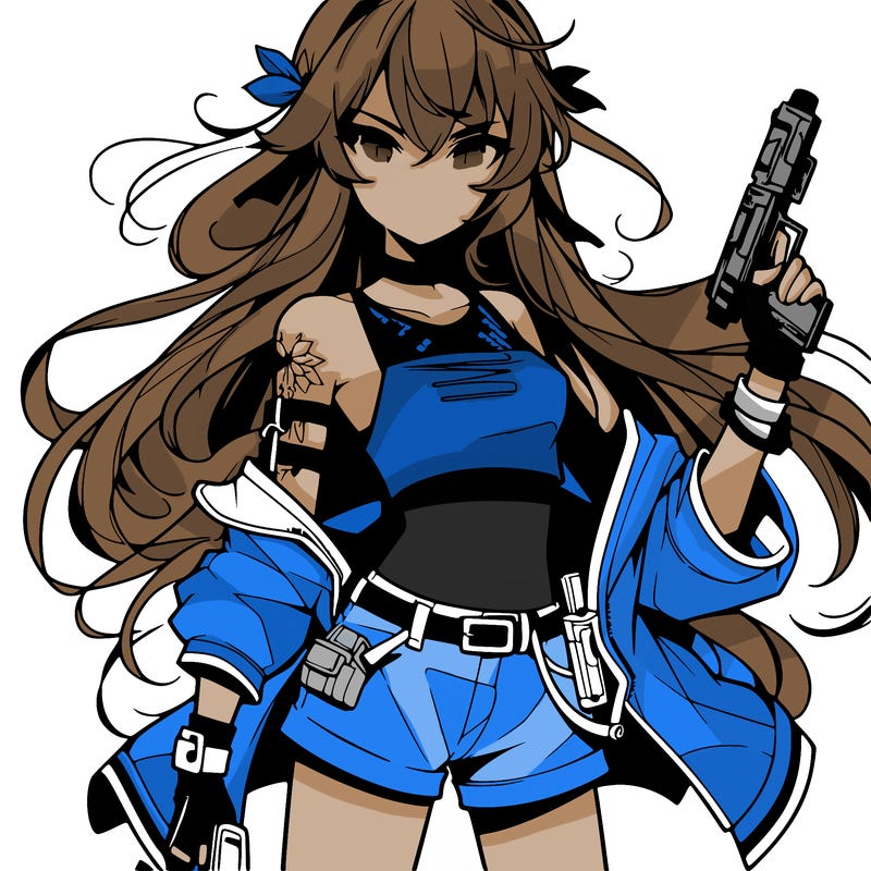bad girl wearing crop top holding a gun long hair anime