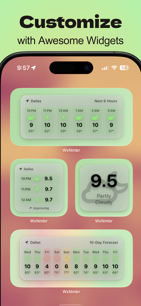 A variety of colorful iOS widgets for WxNmbr showing hourly and ten day weather forecast scores