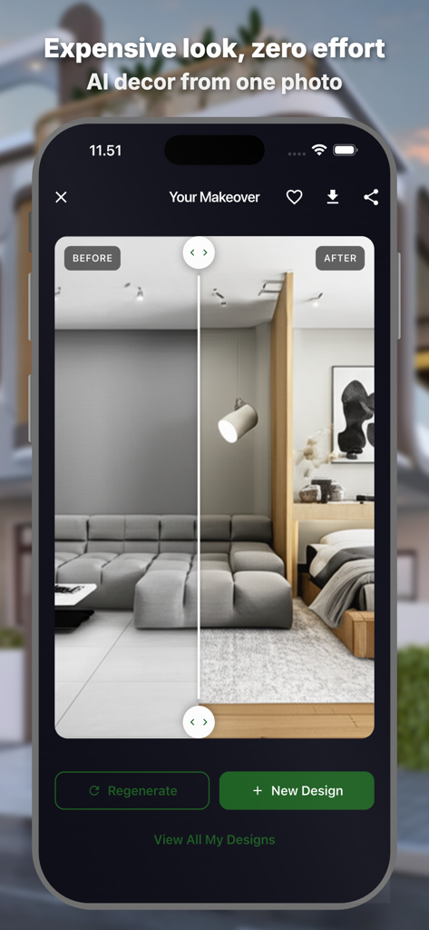 AI Home Decor : Room Makeover - Before and after comparison slider of an AI generated room makeover