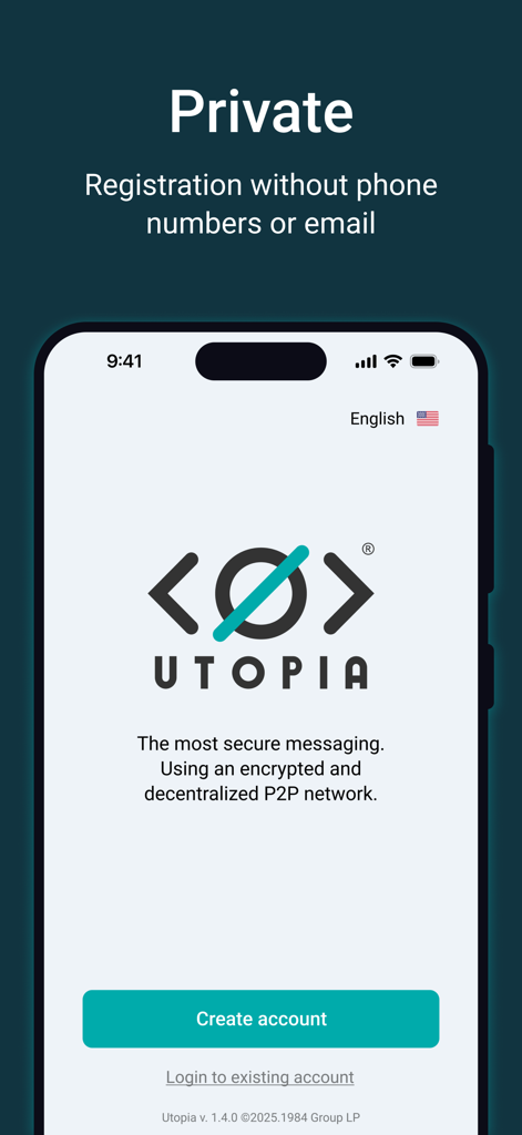 Utopia — Private Messenger - Utopia Private Messenger onboarding screen showing registration without phone or email