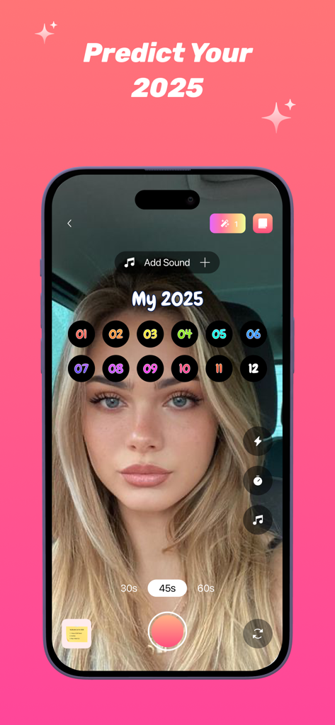 My 2025 Prediction - Una mujer joven usando el filtro de predicción en la aplicación móvil Mi Predicción 2025.