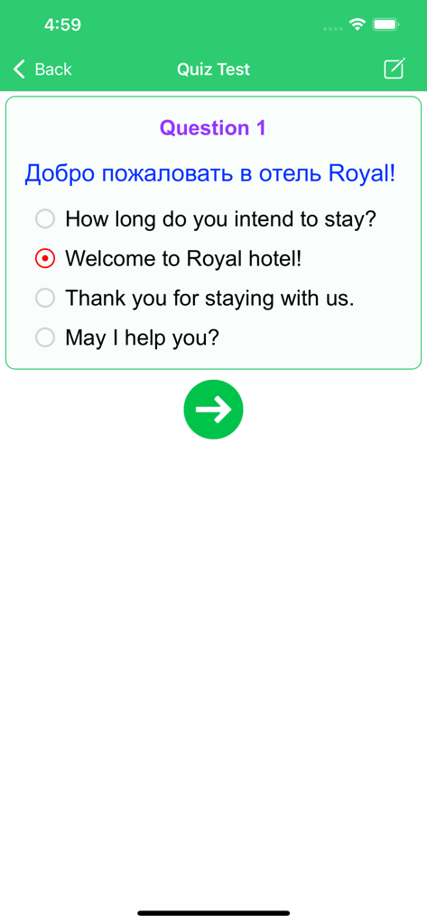 Learn Russian Premium - Una pantalla de prueba de traducción de opción múltiple en ruso dentro de la aplicación