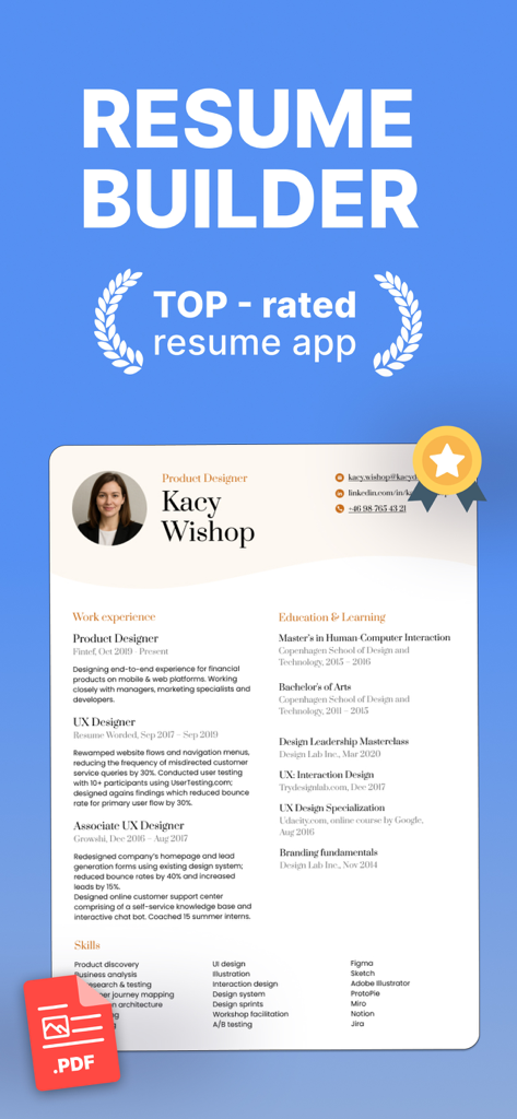 Resume Builder: AI CV-Maker - Resume Builder AI CV Makerアプリ内のプロダクトデザイナー向けのプロフェッショナルな履歴書テンプレート