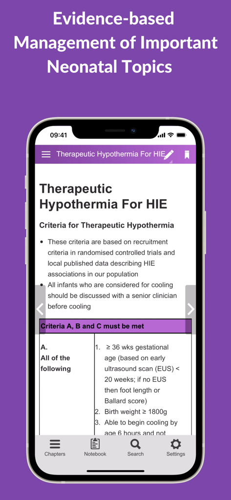 Directives cliniques pour l'hypothermie thérapeutique dans l'application mobile Neonatal Guide.