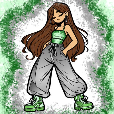 girl in baggy pants crop top and long hair