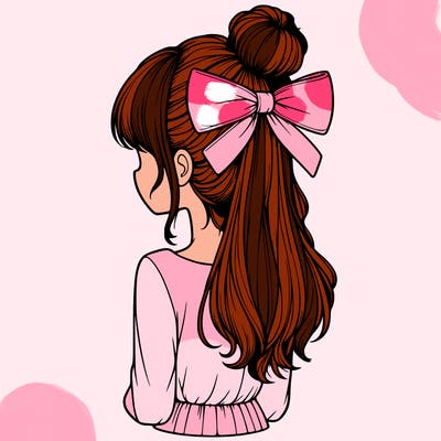 realistic girl  with hip length hair a bun and a big bow on the back of head