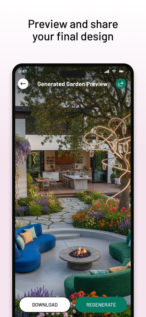 Vorschau einer KI-generierten Hinterhof-Landschaftsgestaltung mit einer Außenküche und einem Feuerkorb