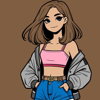 a realistic girl with a crop top and short shorts in an open jacket