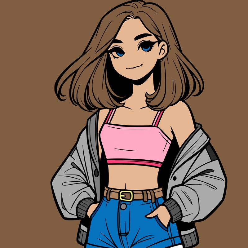 a realistic girl with a crop top and short shorts in an open jacket