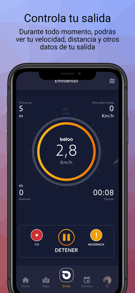 Beloo - Mobile interface of Beloo app tracking speed and distance with emergency buttons