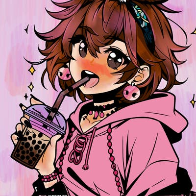 hot baddie anime girl drinking boba and biting the straw