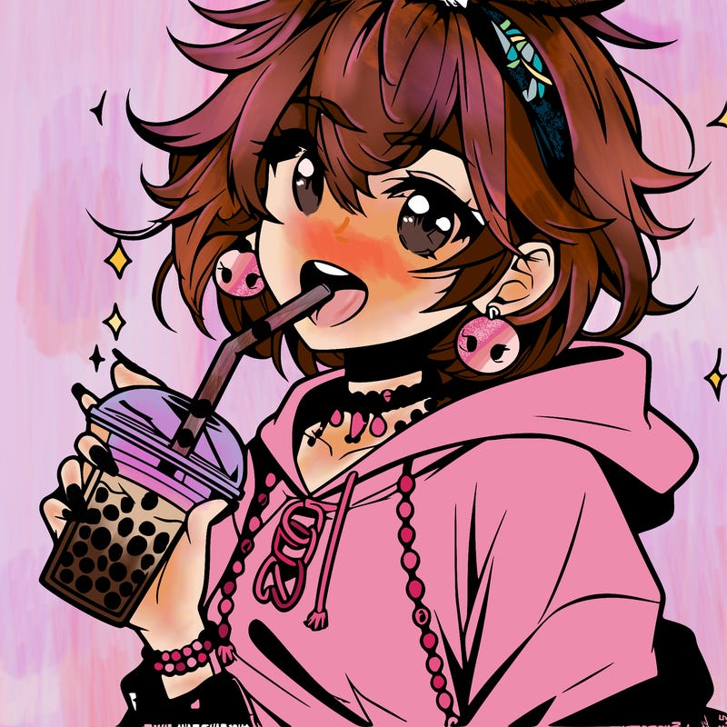 hot baddie anime girl drinking boba and biting the straw