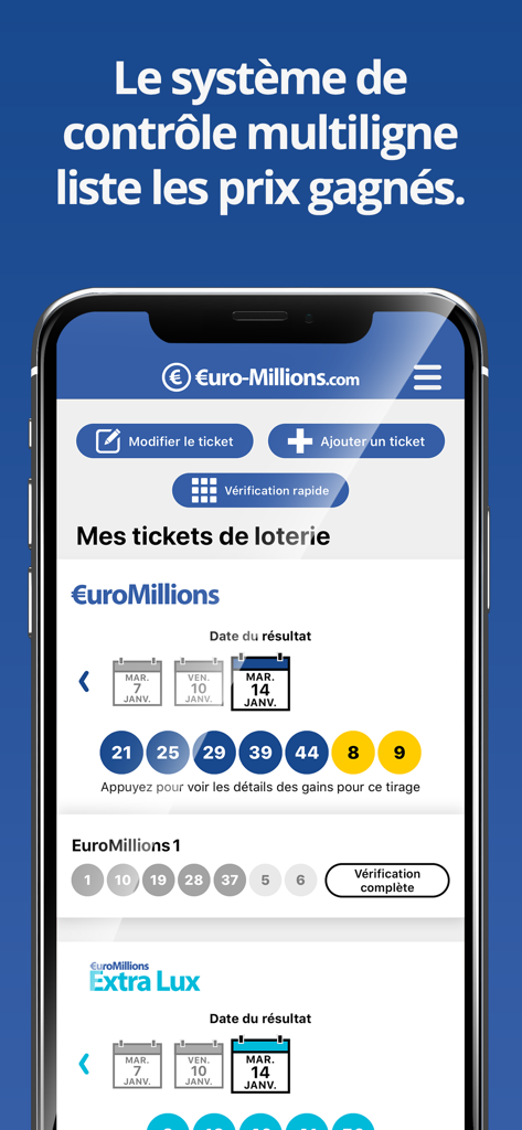 EuroMillions (Française) - Pantalla de teléfono inteligente que muestra el comprobador de boletos de la aplicación francesa EuroMillions con los números ganadores y las fechas de los resultados