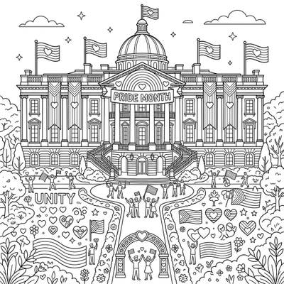 Immerse yourself in the spirit of Pride Month with this unique coloring page featuring a majestic Presidential Palace. Adorned with festive flags and symbols of unity, it's a powerful tribute to diversity and inclusion.