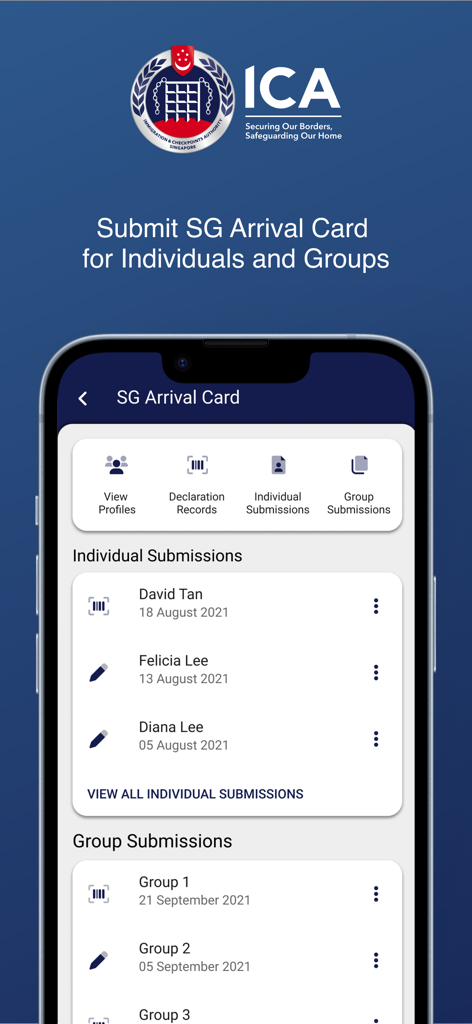 MyICA Mobile - MyICA Mobile app interface showing individual and group SG Arrival Card submissions