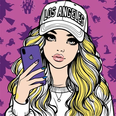 realistic beautiful girl wearing los ángeles cap holding an iphone